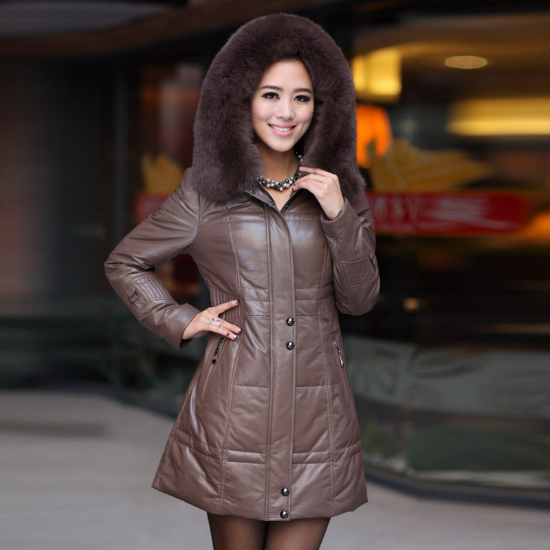 free shipping 2012 women's down coat Nobility detachable fox fur hooded sheepskin  genuine leather clothing  women down jacket