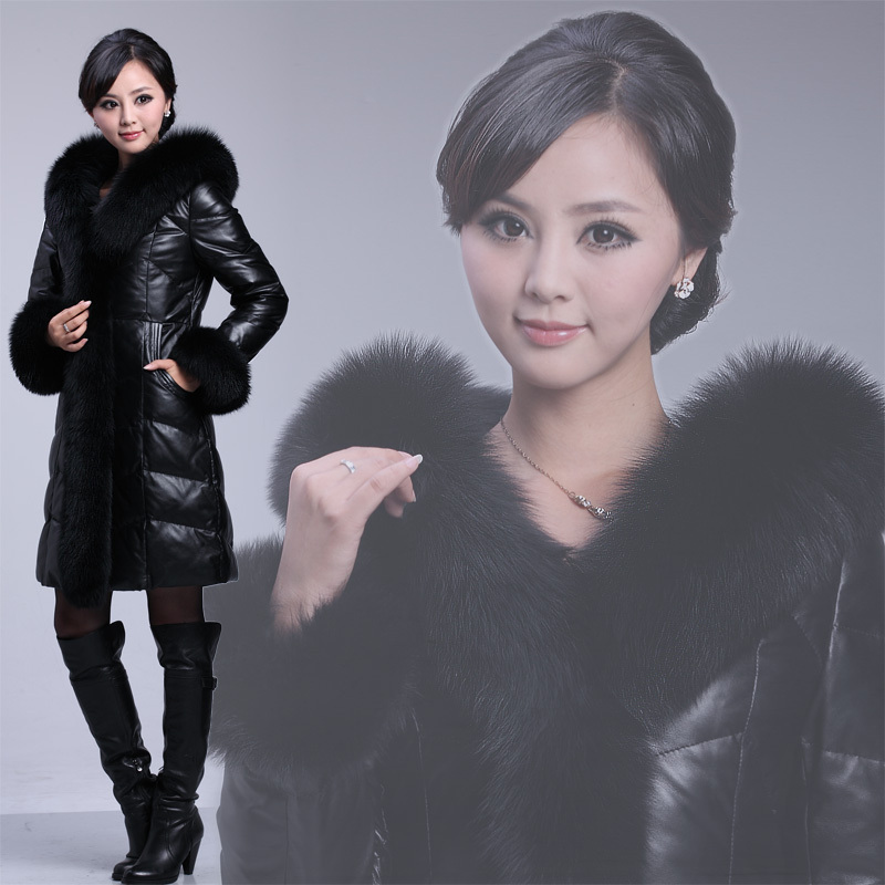 free shipping 2012 women's down jacket fashion Large fox fur sheepskin genuine leather   long design slim leather  833 down coat