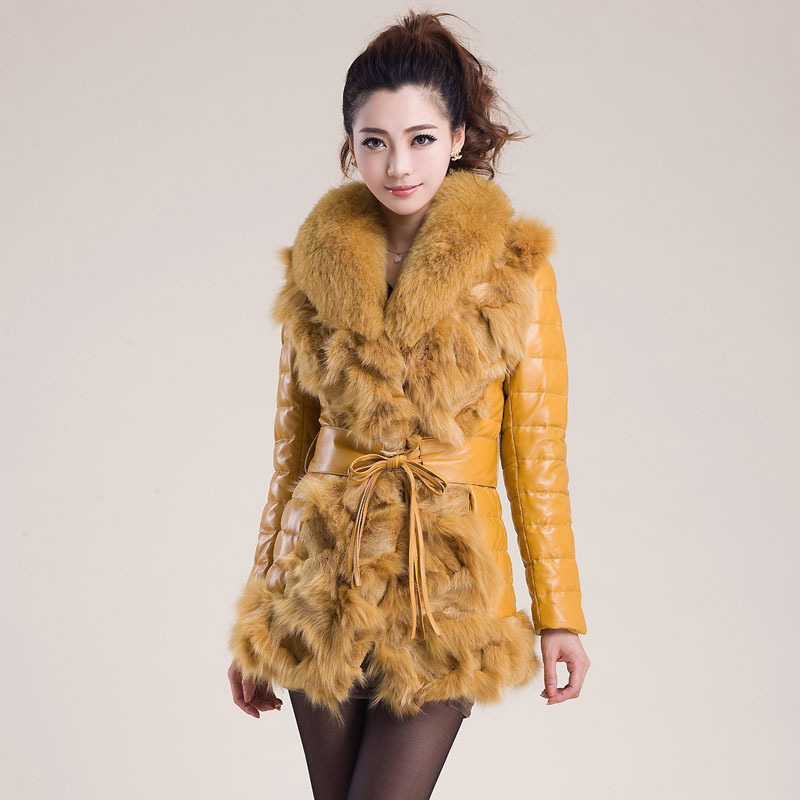 free shipping 2012 women's down jacket fashion Leather    genuine leather  sheepskin fox fur slim fur coat down coat