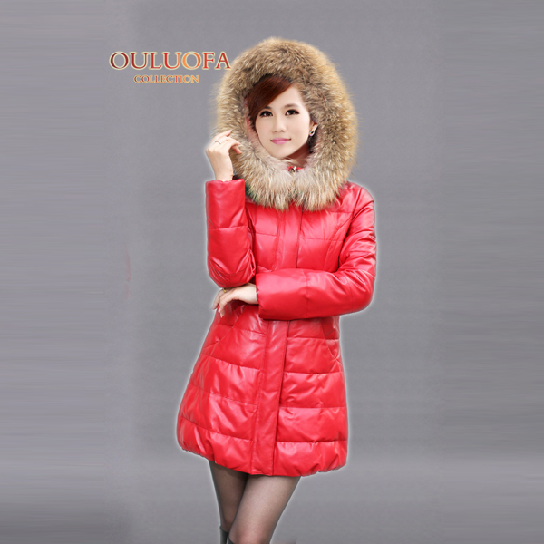 free shipping 2012 women's down jacket fashion  winter sheepskin genuine leather   leather  slim medium-long  hooded down coat