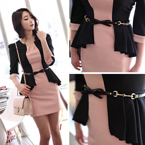 Free shipping 2012 Women's dress Round Collar Faux 2 Pcs Prom Patchwork Plus Size Dresses Forked tail Office Dress