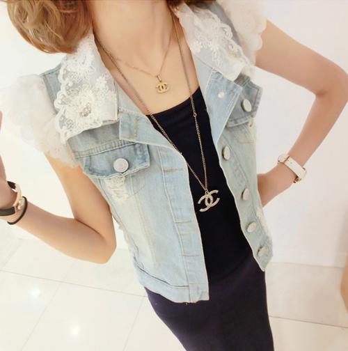 free shipping 2012 women's exquisite lace rhinestone decoration small distrressed all-match denim vest