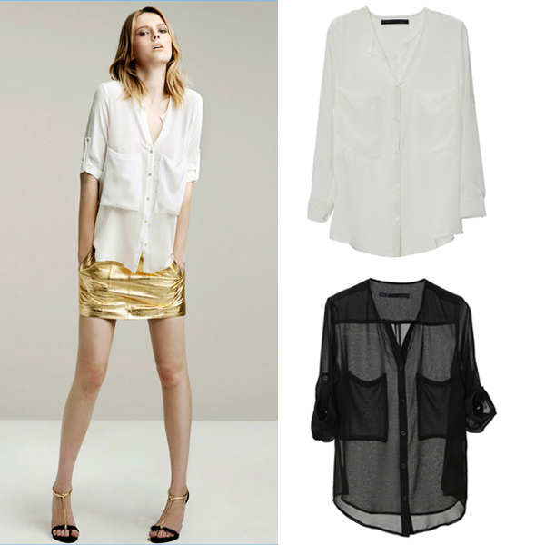 Free shipping 2012 women's fashion large pocket chiffon shirt