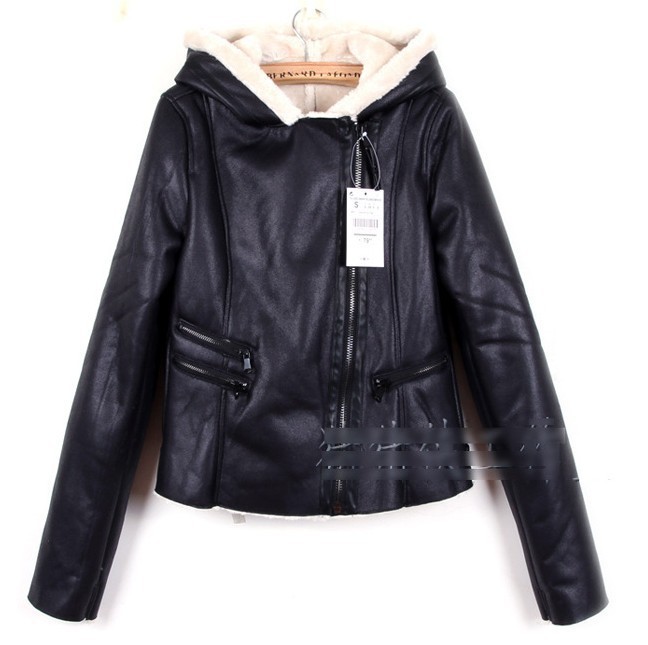 Free shipping,2012 women's fashion new arrival fashion slim PU lamb's hooded leather wadded jacket cotton-padded jacket