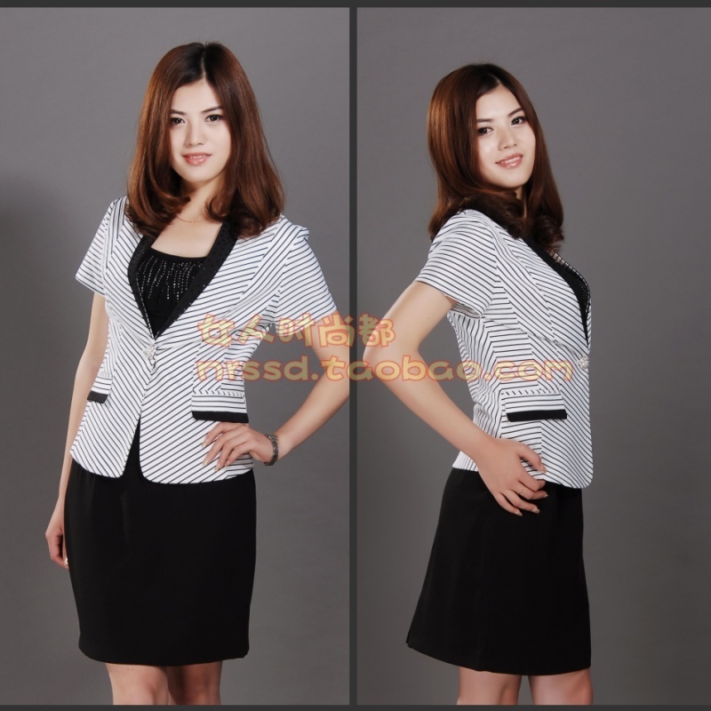 Free shipping 2012 women's fashion stripe work wear skirt quality easy care plus size ol tooling suit set