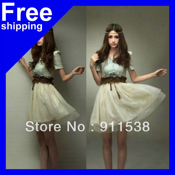 Free shipping 2012 women's fashion vintage denim gauze patchwork one-piece dress with belt