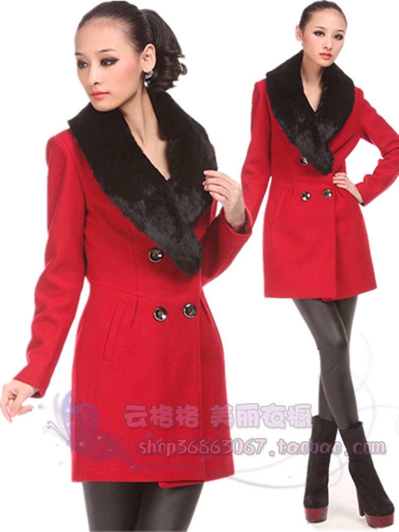 Free Shipping! 2012 Women's Genuine Leather Rex Rabbit Hair Large Lapel Double Breasted Slim Wool Coat Outerwear Red