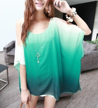 Free shipping 2012 women's gradient color irregular sweep loose batwing sleeve strapless chiffon shirt top