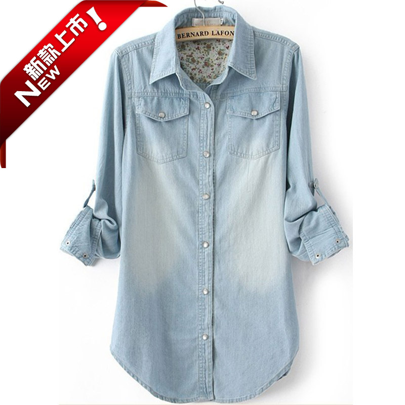 Free shipping 2012 women's light color thin medium-long denim shirt long-sleeve shirt women's plus size outerwear