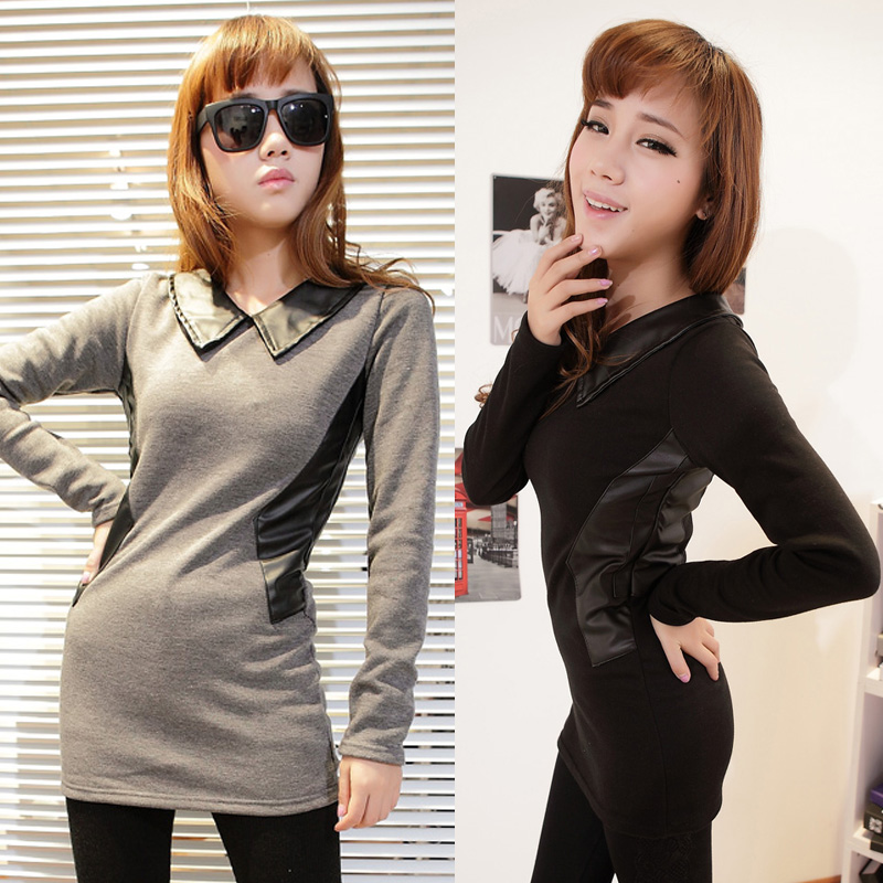 Free shipping 2012 women's long-sleeve leather peter pan collar slim thickening basic one-piece dress d711