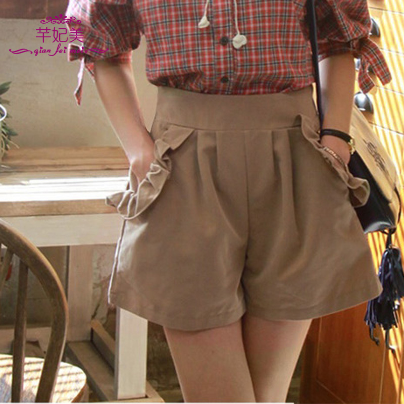 free shipping  2012 women's mid waist  ruffle elastic pocket solid color casual all-match shorts  plus size