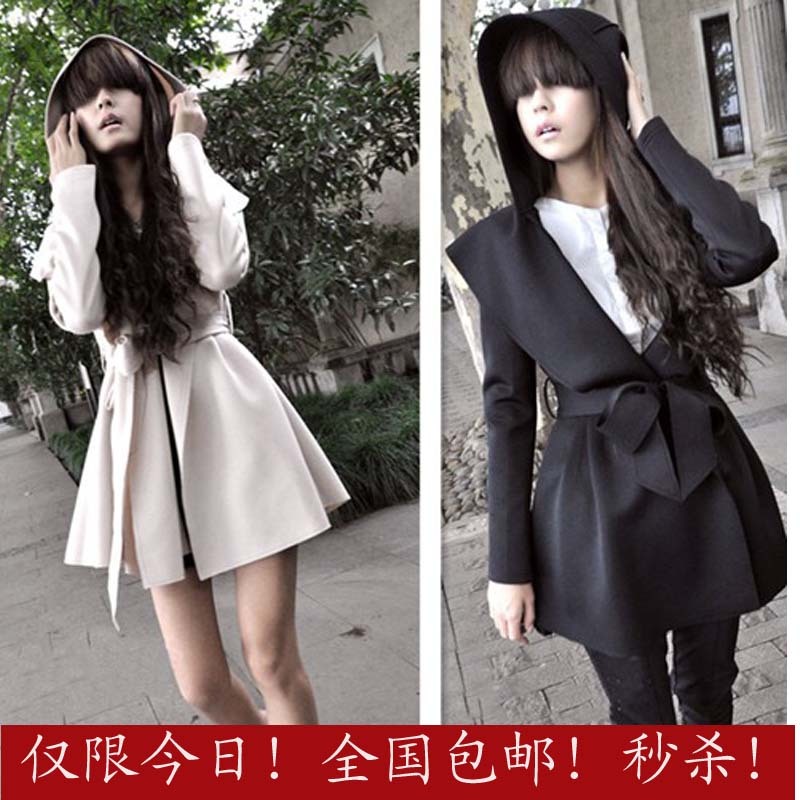 Free Shipping 2012 women's outerwear fashion handsome with a hood long design trench 986