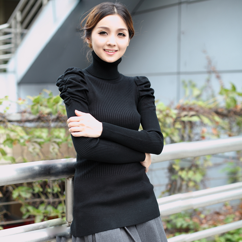 Free shipping 2012 women's puff sleeve basic shirt slim turtleneck sweater