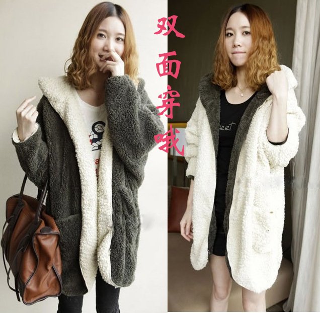 Free shipping 2012 women's reversible fur female outerwear slim fashion with a hood women's overcoat