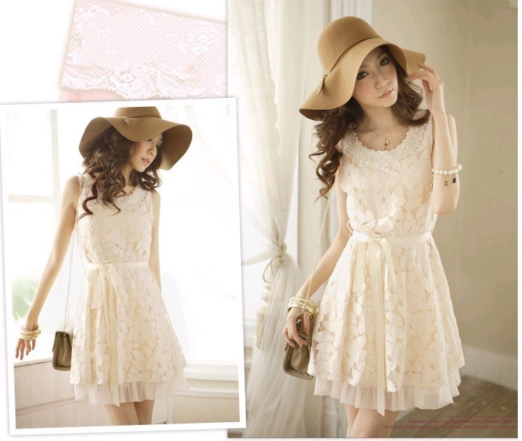 Free shipping 2012 women's spring lace tank dress slim one-piece dress chiffon o-neck lace skirt