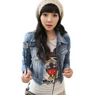 Free shipping! 2012 women's spring motorcycle short design slim turn-down collar long-sleeve denim outerwear top short jacket