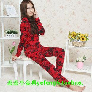 Free Shipping 2012 women's thermal underwear set plus velvet thickening female sistance black print V3397