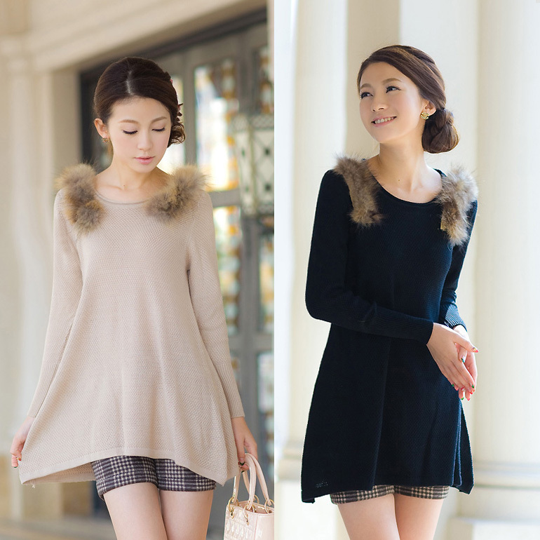 free shipping 2012 women's winter basic shirt medium-long real fur prettifier asymmetrical long-sleeve sweater dress