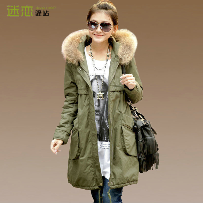 Free Shipping 2012 Women slim raccoon large fur collar Hooded  Coat  cotton-padded Jacket wadded jacket outerwear J175