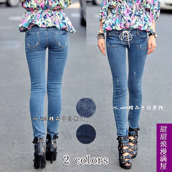 Free Shipping 2013 042318 butt-lifting bandage slim legs blue denim trousers skinny pants pencil trousers