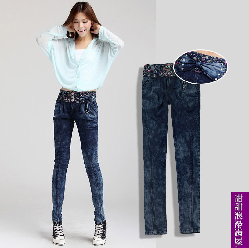 Free Shipping 2013 04813 slim legs butt-lifting patchwork blue denim trousers pencil pants