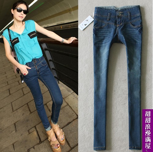 Free Shipping 2013 43998 mid waist slim legs elastic skinny pants pencil pants denim trousers