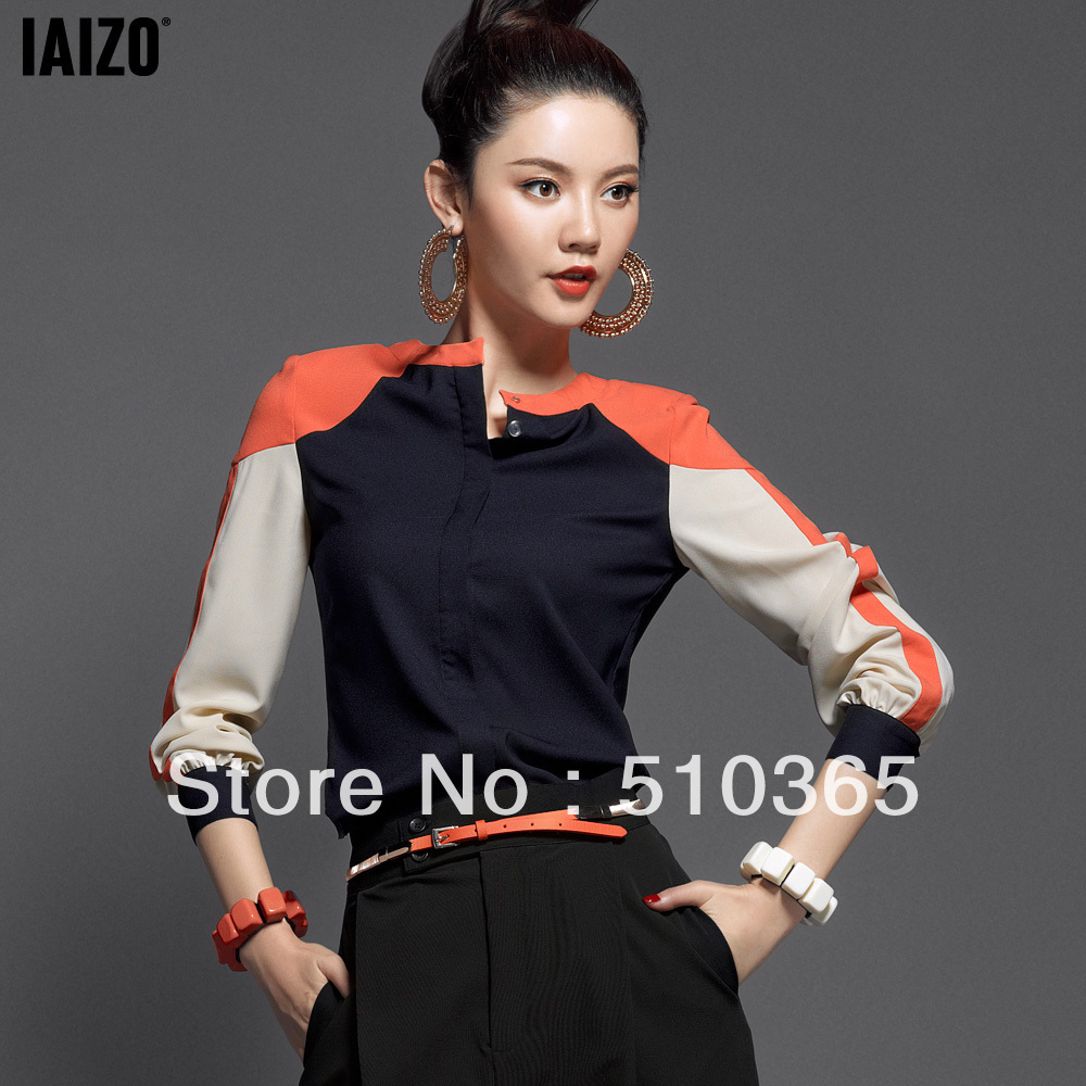 Free shipping 2013 Autum Fashion Patchwork Color Block Long-sleeve Plus Size Women shirts 3270F