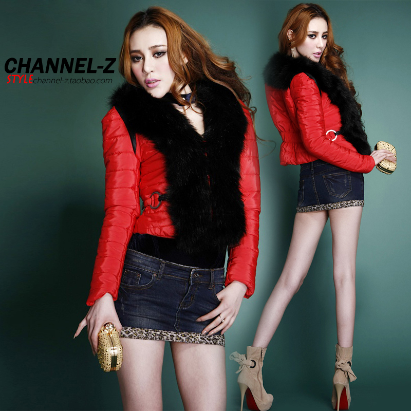 free shipping 2013 autumn and winter female fur collar slim waist color block decoration slim cotton-padded jacket outerwear