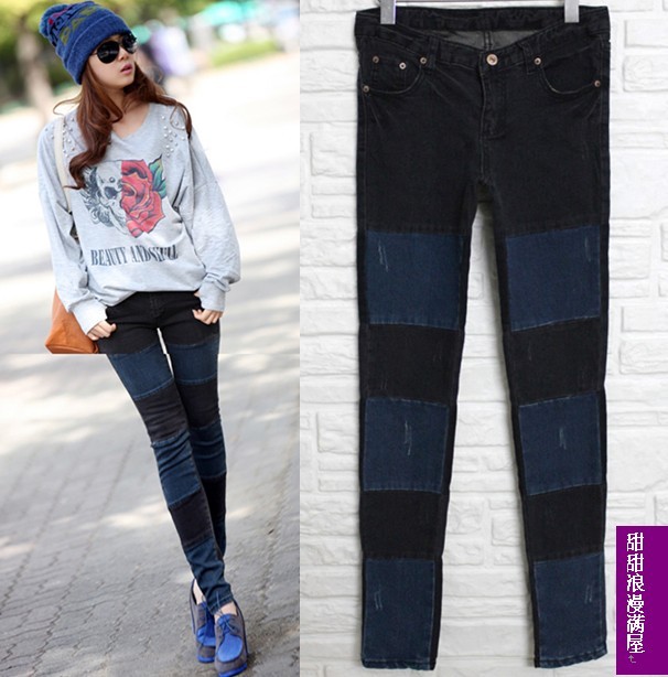 Free Shipping 2013 autumn and winter slim legs butt-lifting patchwork denim trousers skinny pants pencil pants c9024