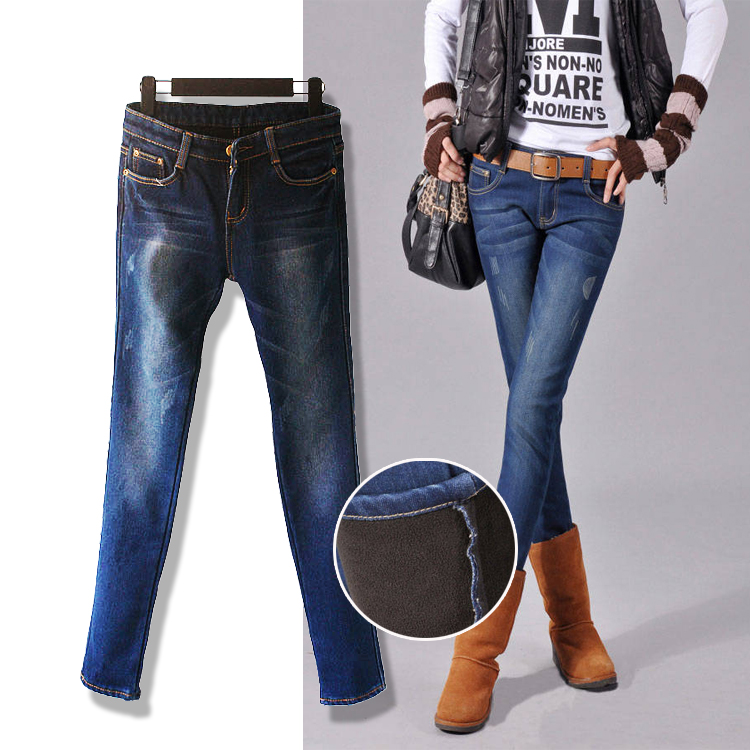 Free Shipping 2013 autumn and winter slim plus velvet thickening blue denim pencil boot cut jeans denim long trousers