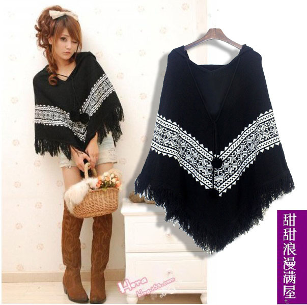 Free Shipping 2013 autumn and winter women 371533 hairy ball with a hood tassel sweater cloak high quality wholesale