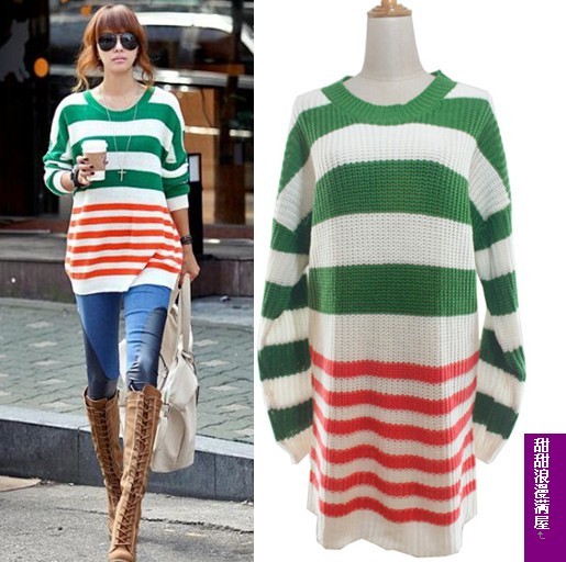 Free Shipping 2013 autumn and winter women 374212 perfect color matching stripe casual loose sweater high quality wholesale