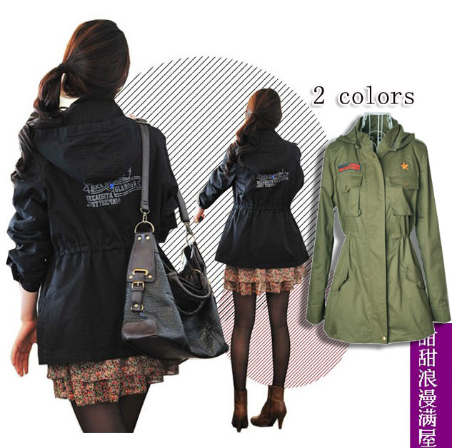 Free Shipping 2013 autumn and winter women 466104 medium-long Army Green tooling trench outerwear high quality wholesale