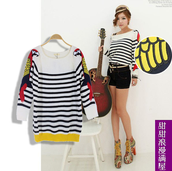 Free Shipping 2013 autumn and winter women h3612 fashion parrot embroidered applique stripe sweater outerwear wholesale