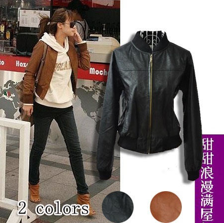 Free Shipping 2013 autumn c8039 casual stand collar scrub women's leather clothing outerwear wholesale