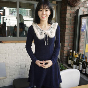 Free shipping 2013 Autumn cony hair collar navy blue lacework slim cashmere one-piece dress plus size 2109XLJ