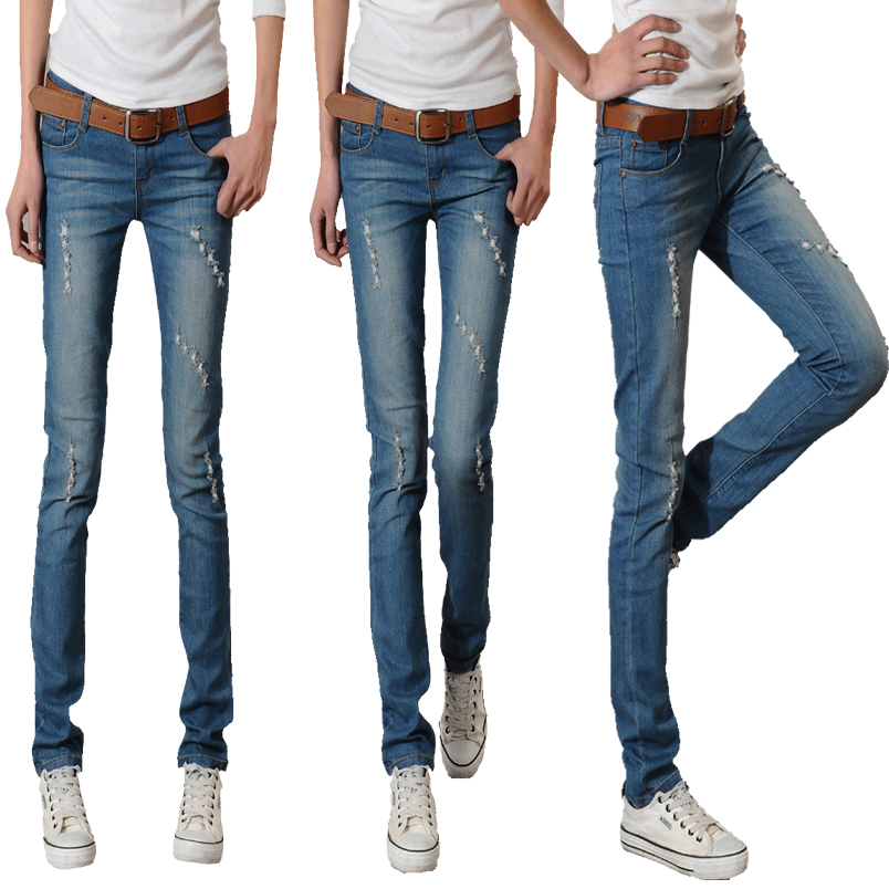 Free shipping 2013 autumn fashion hole wearing white skinny pants pencil pants jeans female long trousers  Appear thin cotton