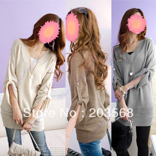 Free Shipping ! 2013 Autumn Fashion V-neck Tunic Knitwear Women Pullover Sweaters Gray / Apricot