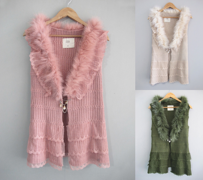 Free shipping 2013 autumn lace fur collar pearl pin knitted vest