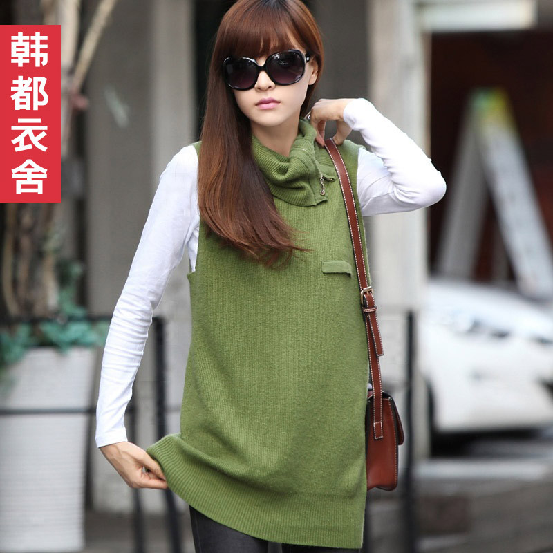 Free Shipping  2013 autumn new arrival women's solid color sleeveless cotton turtleneck casual sweater