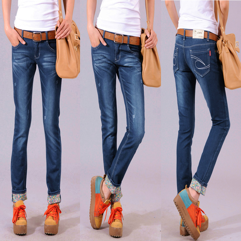 Free shipping 2013 autumn roll up hem two ways slim pencil jeans female trousers  Appear thin cotton cotton woman