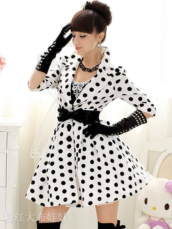 Free Shipping, 2013 autumn white and black polka dot half sleeve big skirt women's trench