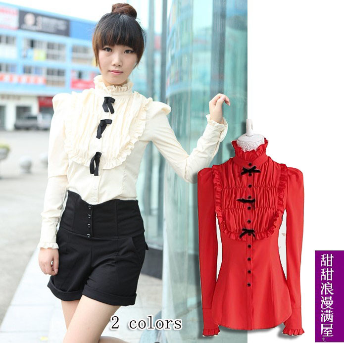 Free Shipping 2013 autumn women's 045503 sweet princess ruffle slim stand collar long-sleeve shirt