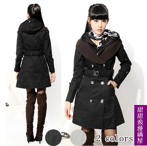 Free Shipping 2013 autumn women's 92819 quality slim waist faux two piece design hooded long trench outerwear wholesale