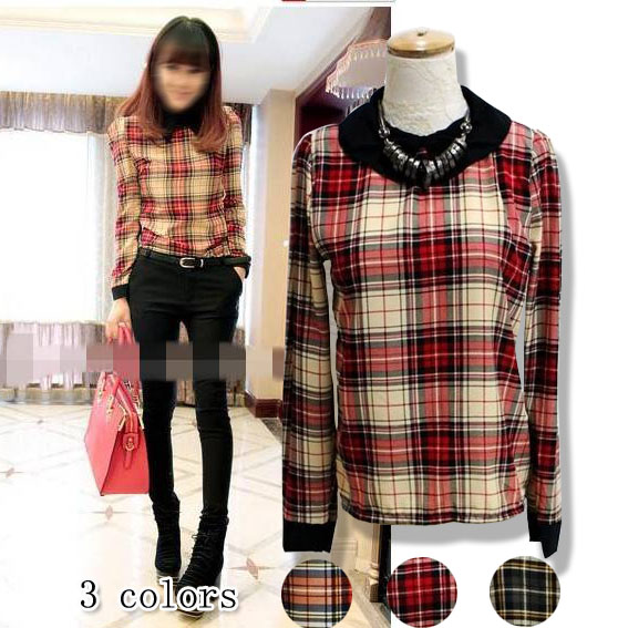 Free Shipping 2013 autumn women's 9702 sweet peter pan collar long-sleeve plaid shirt top