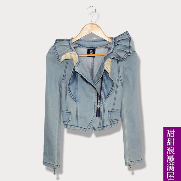 Free Shipping 2013 autumn women's a8529 ruffle collar slim water wash light blue denim coat outerwear wholesale