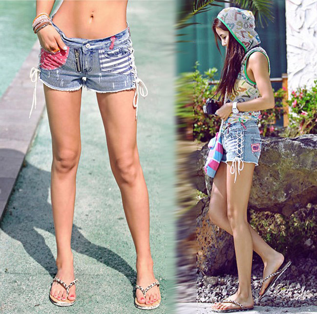 Free Shipping 2013 autumn women's color block a5829 personality strap sexy light blue denim shorts