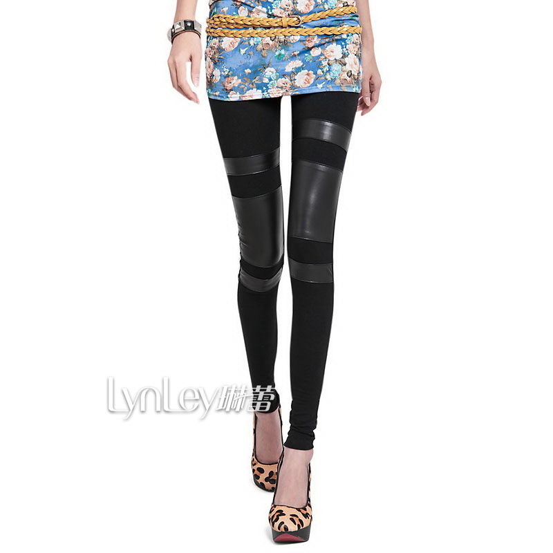 free shipping 2013 autumn women's legging black ring faux leather cotton cloth patchwork