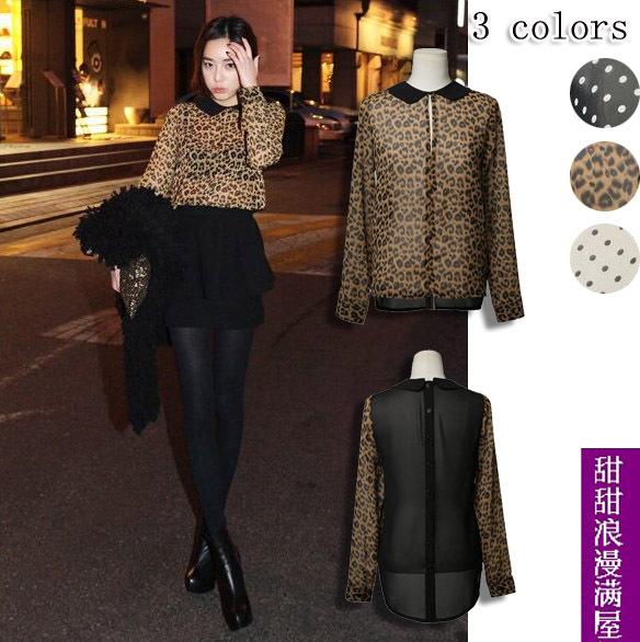 Free Shipping 2013 autumn women's leopard print vintage small bow tie sexy chiffon shirt