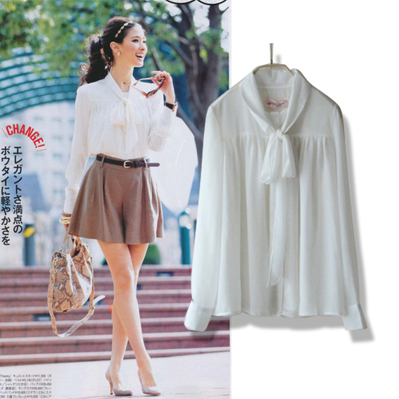 Free Shipping 2013 autumn women's m20268 elegant bow loose white chiffon long-sleeve shirt